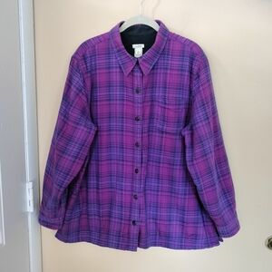 LL Bean Cotton Purple Plaid Fleece Lined Jacket Shacket XLP Warm Cozy Weekend